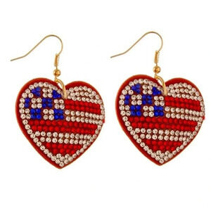Boutique NWT Rhinestone plush USA heart drop earrings patriotic